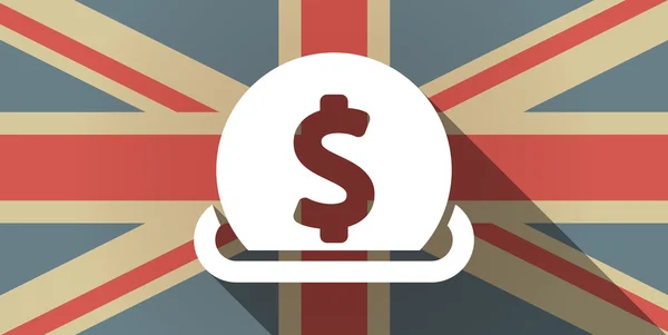 Ícone longo da bandeira do Reino Unido com uma moeda de dólar entrando em um dinheiro — Vetor de Stock