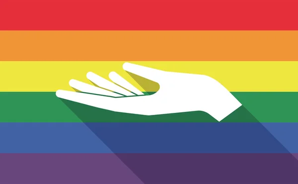 Long shadow gay pride flag with a hand offering — Stock Vector