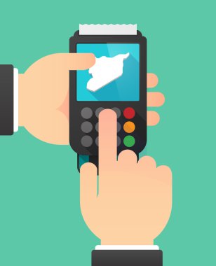 Suriye haritası ile bir veri telefonu kullanarak kişi eller