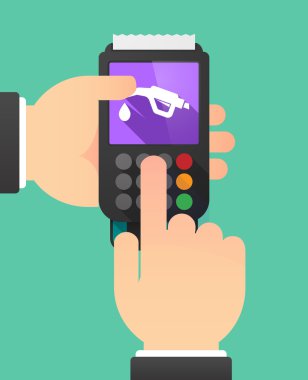 Bir dataphone ile bir gaz hortumu simgesini kullanarak kişi eller