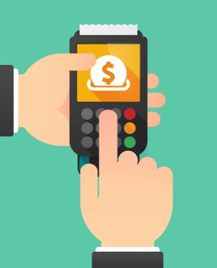 Kişi eller bir doları para ile girmeyi ile bir dataphone kullanarak bir