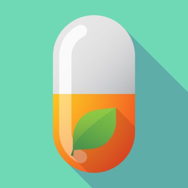 Long shadow vector pill with a green  leaf