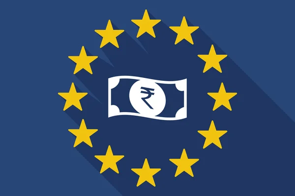 Longa sombra bandeira da UE com um ícone de nota bancária de rupia — Vetor de Stock