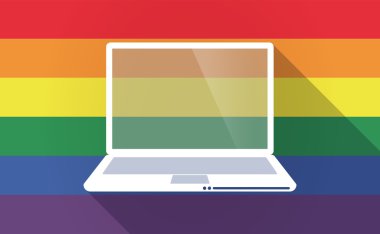 Uzun gölge Gay Pride bayrak bir dizüstü bilgisayar ile