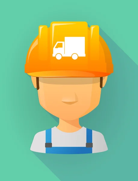 Worker male avatar wearing a safety helmet with a  delivery truc — Stock Vector