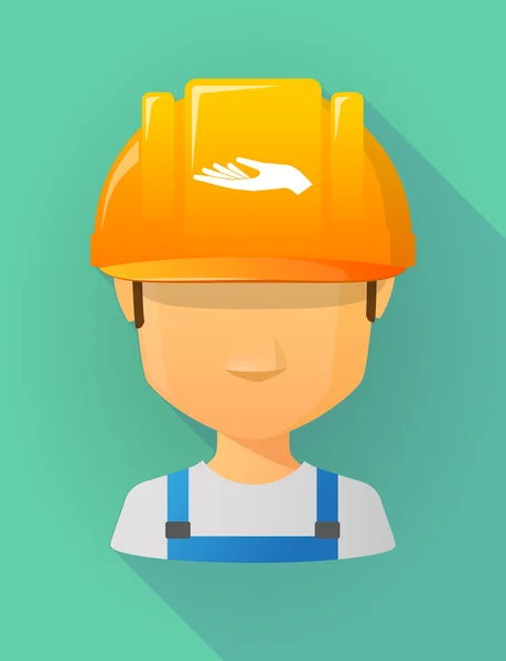 Trabajador avatar masculino con un casco de seguridad con una oferta de mano — Vector de stock