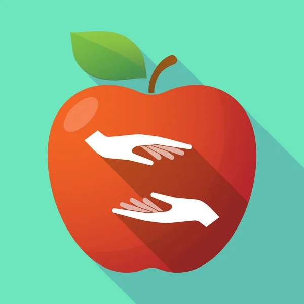 Ícone de maçã vermelha sombra longa com duas mãos dando e recebendo — Vetor de Stock