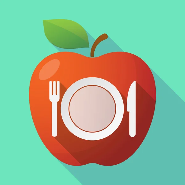 Pitkä varjo punainen omena kuvake lautasen, veitsi ja haarukka kuvake — vektorikuva