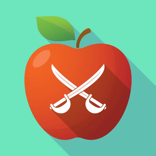 Long shadow red apple icon with  two swords crossed — Stock Vector