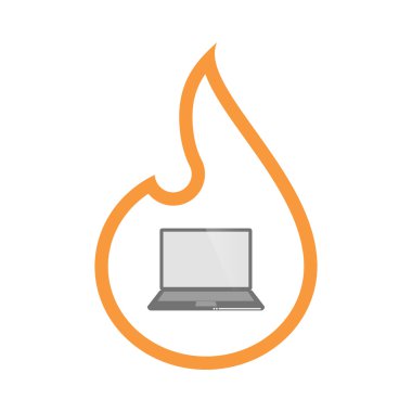 İzole satırı sanat alev simgesi bir dizüstü bilgisayar ile