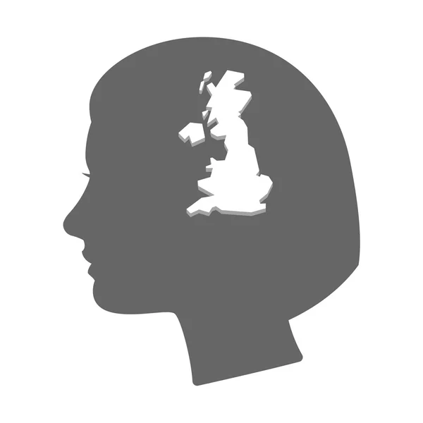 Isolata icona della silhouette della testa femminile con una mappa del Regno Unito — Vettoriale Stock