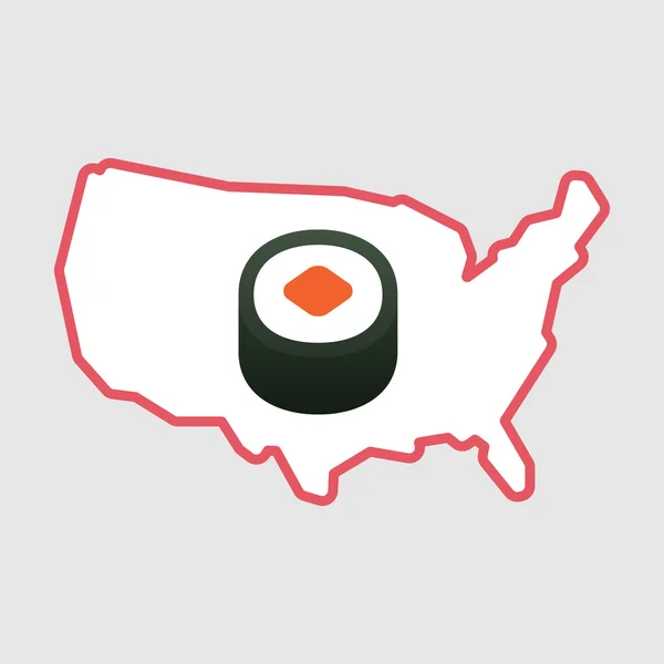 Isolado arte linha EUA mapa ícone com um pedaço de sushi maki — Vetor de Stock