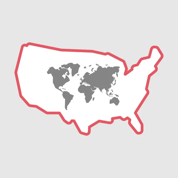 Isolierte Linie Kunst USA ein Kartensymbol mit einer Weltkarte — Stockvektor