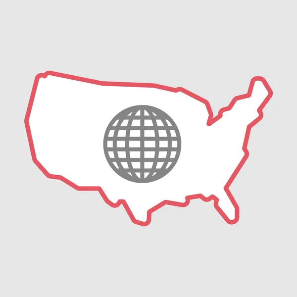 Isolierte Zeilenkunst USA ein Kartensymbol mit einer Weltkugel — Stockvektor