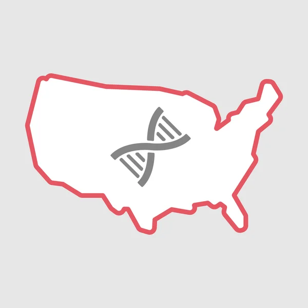 Isolato linea arte USA mappa icona con un segno di DNA — Vettoriale Stock