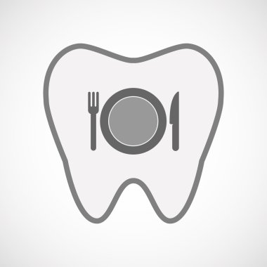 İzole satırı sanat diş simgesi ile bir tabak, bıçak ve çatal simgesi