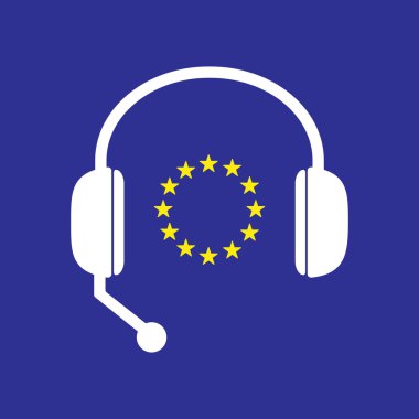 İzole eller serbest kulaklık simgesiyle AB bayrağı yıldız