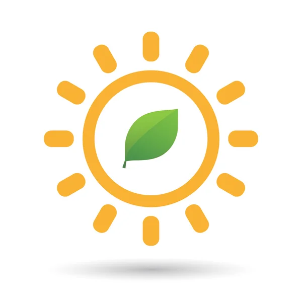Isolierte Linie Kunst Sonne Symbol mit einem grünen Blatt — Stockvektor
