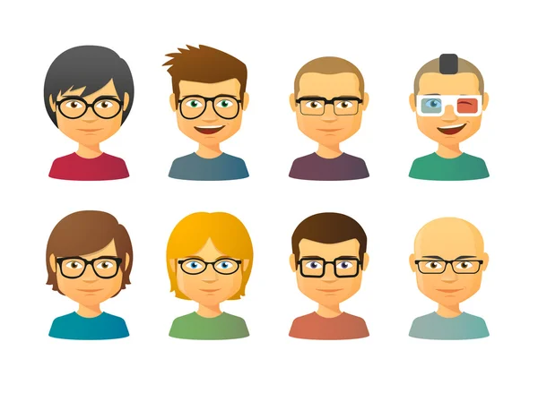 Avatars masculins portant des lunettes avec différentes coiffures — Image vectorielle