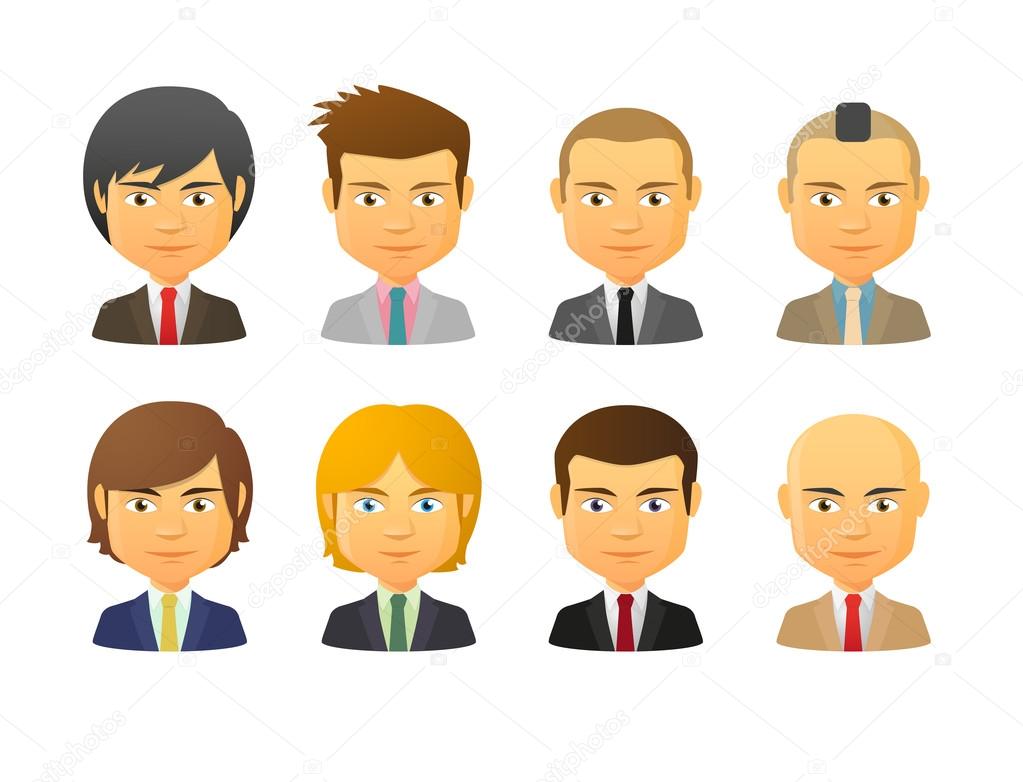 Male avatars wearing suit with various hair styles