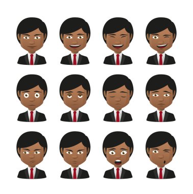 Takım elbise avatar ifade kümesi giyen genç Hintli erkek