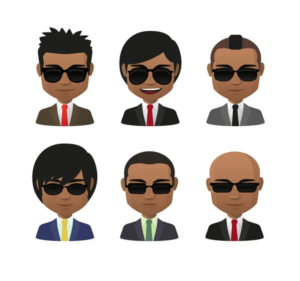 Young indian men wearing suit and sun glasses avatar set — Stock Vector