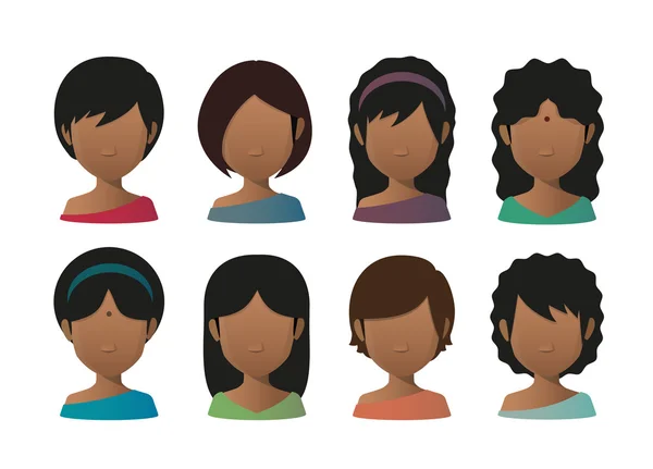 Young indian women faceless avatar set — Stock Vector