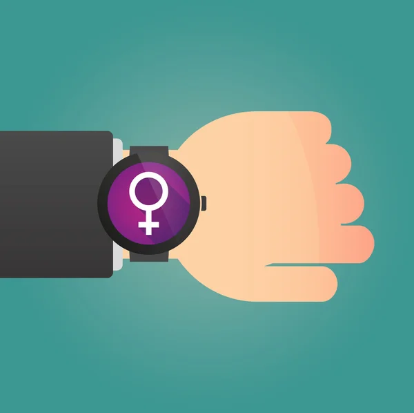 Zeiger mit einer intelligenten Uhr, die ein weibliches Zeichen zeigt — Stockvektor