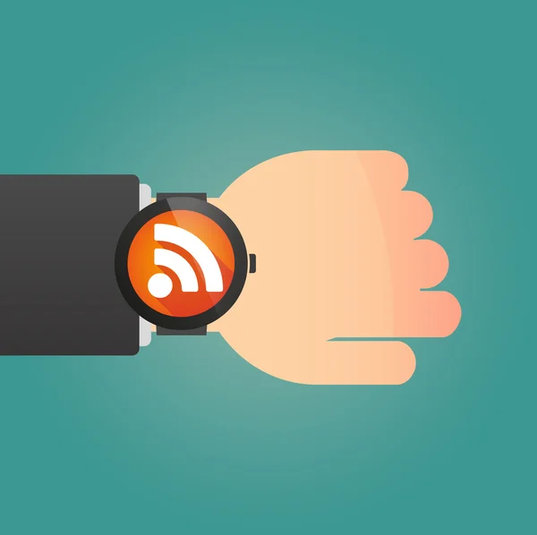 Hand with a smart watch displaying a rss feed sign — Stock Vector