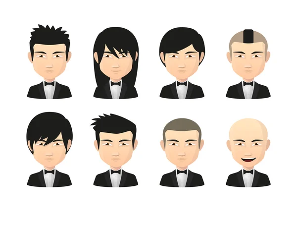 Set of asian male avatars with various hair styles wearing tuxed — Stock Vector
