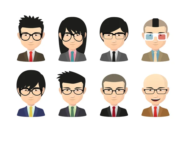 Set of asian male avatars with various hair styles wearing glass — Stock Vector
