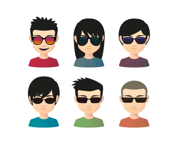 Set of asian male avatars with various hair styles wearing sun g — Stock Vector