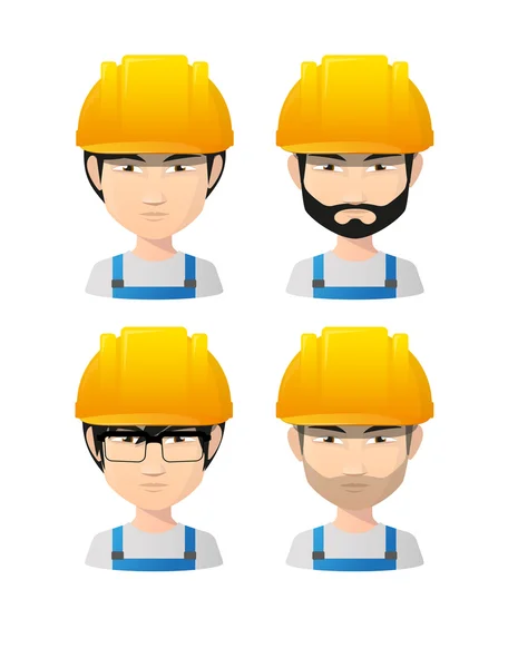 Set of asian male avatars wearing working helmets — Stock Vector