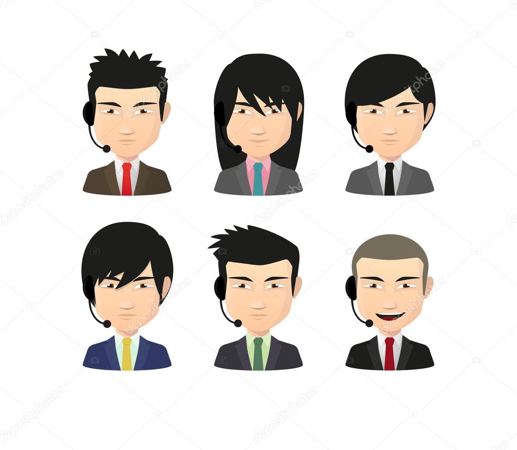 Set of asian male avatars with various hair styles wearing heads