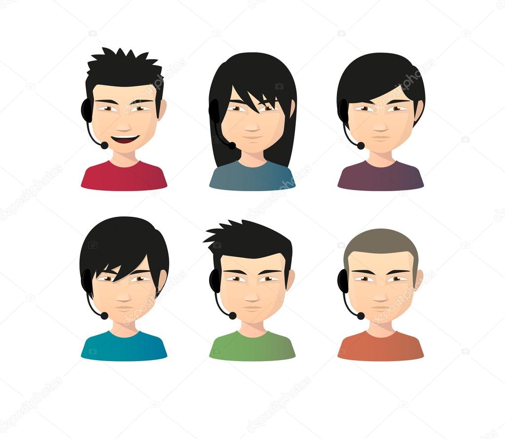 Set of asian male avatars with various hair styles wearing heads