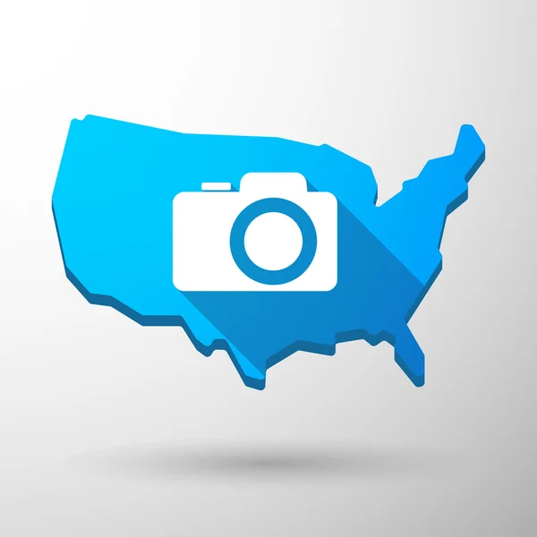 Ícone de mapa dos EUA com uma câmera de fotos — Vetor de Stock