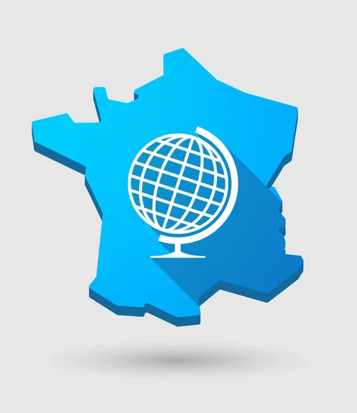 Langer Schatten Frankreich Landkarte Symbol mit einer Weltkugel — Stockvektor