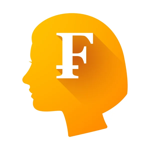 Icono de la cabeza femenina con un signo de franco suizo — Vector de stock
