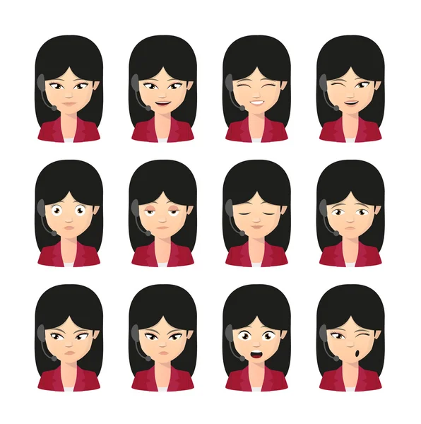 Női ázsiai üzemeltető avatar visel fejhallgató kifejezés készlet — Stock Vector
