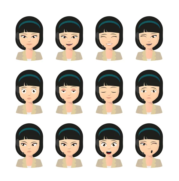 Mujer asiático operador avatar usando auriculares expresión conjunto Gráficos Vectoriales