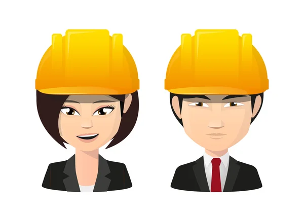 Asian female and male wearing a work helmet — Stock Vector