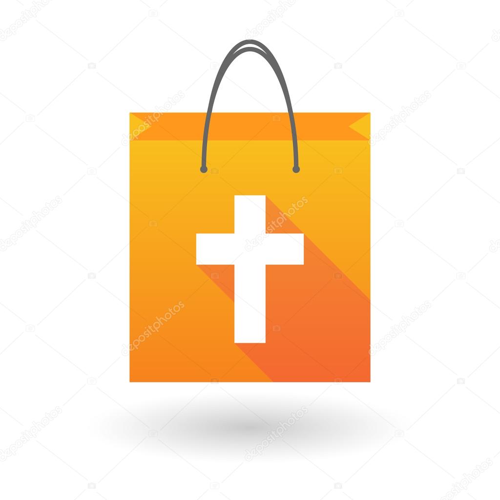 Orange shopping bag icon with a christian cross