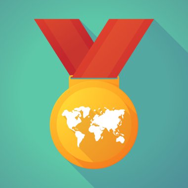 Long shadow gold medal with a world map