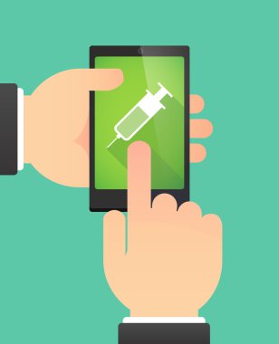 Man's hands using a phone showing a syringe