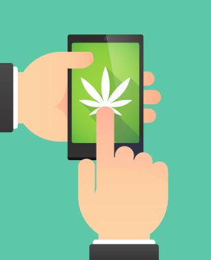 Man's hands using a phone showing a marijuana leaf