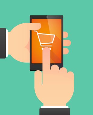 Man's hands using a phone showing a shopping cart