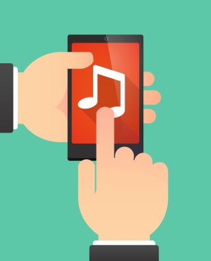 Man's hands using a phone showing a note music