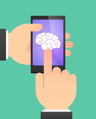 Man's hands using a phone showing a brain