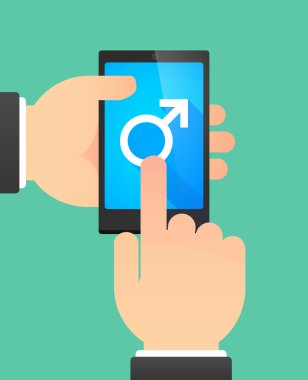 Man's hands using a phone showing a male sign