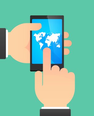 Man's hands using a phone showing a world map